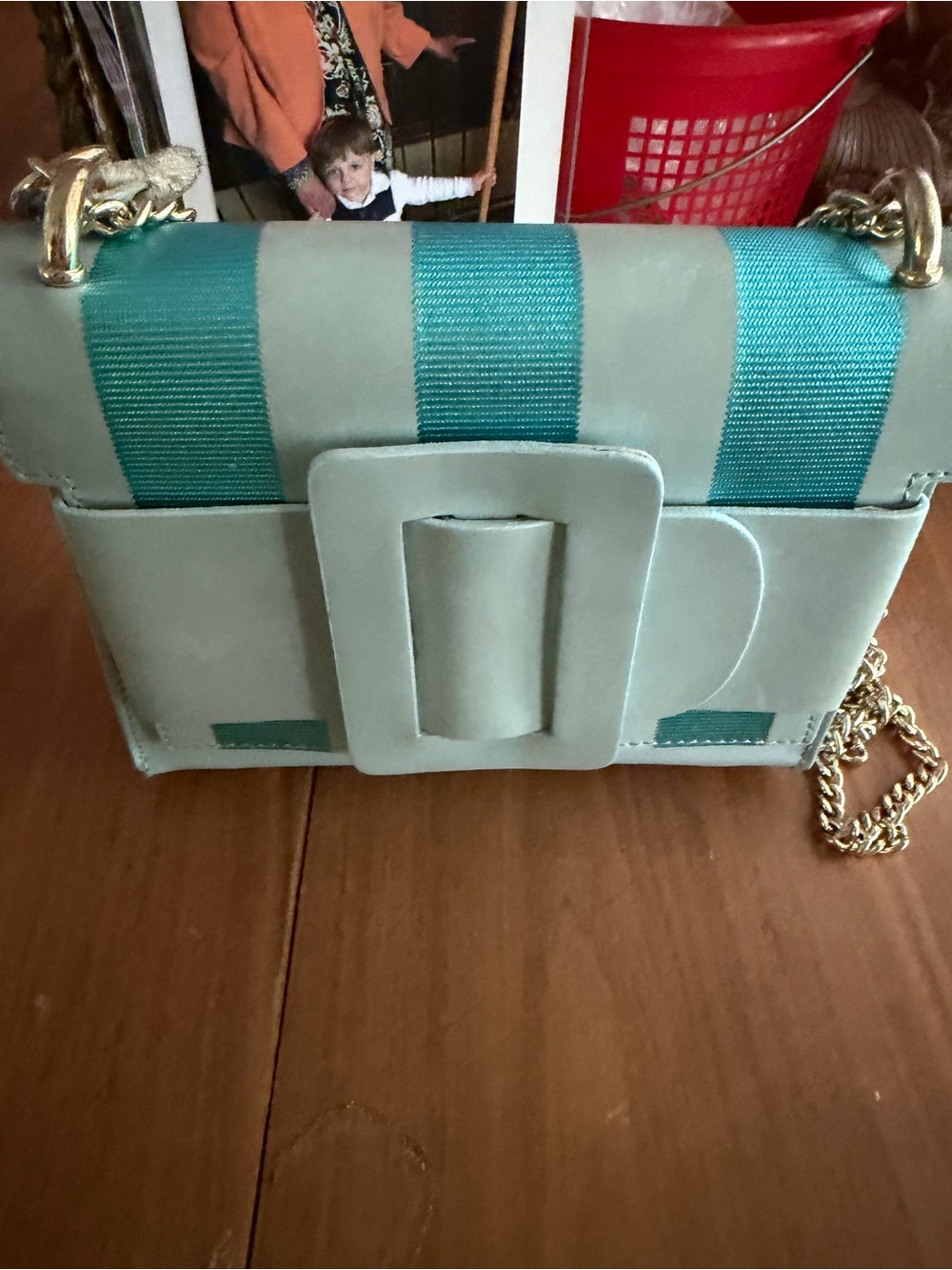 Persaman New York Mint and Teal Striped Crossbody with Gold Chain